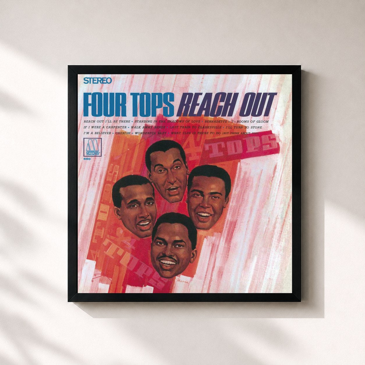 #noir Tableau carré de l'album Reach Out de Four Tops, cadre noir 32x32 cm