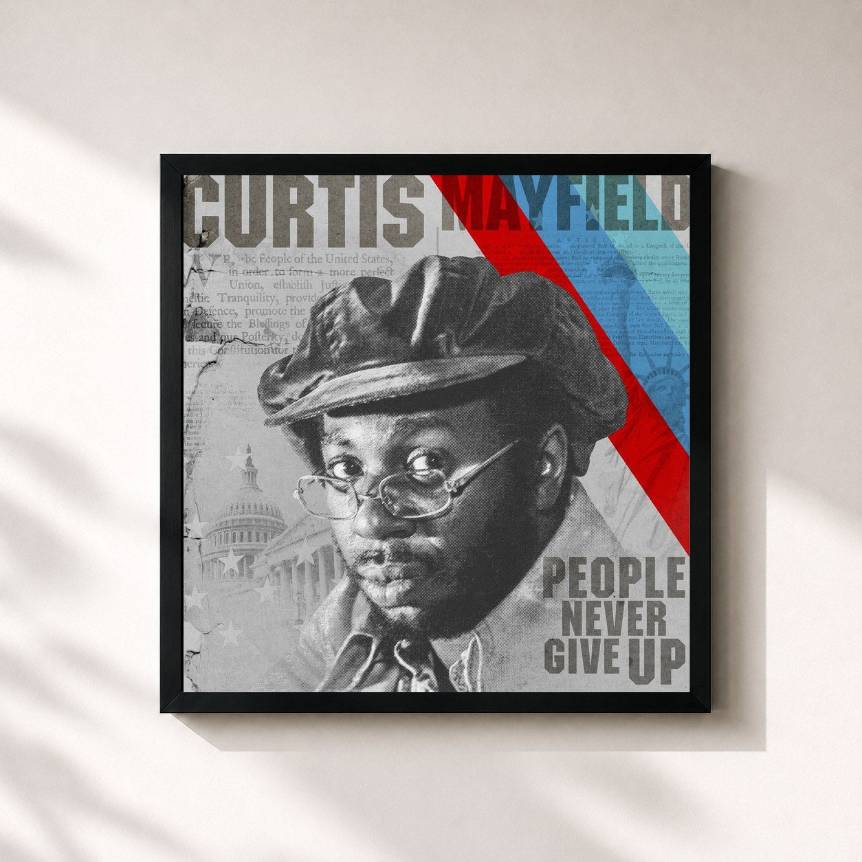 #noir Tableau carré de l'album People Never Give Up de Curtis Mayfield, cadre noir 32x32 cm