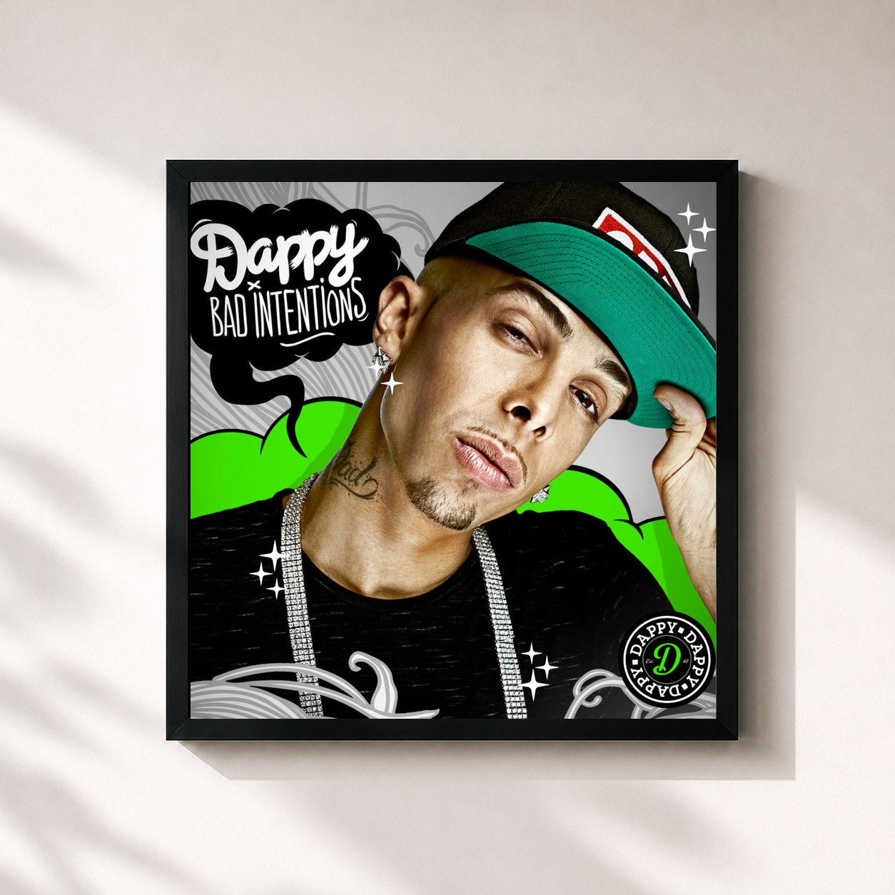 #noir Tableau carré de l'album Bad Intentions de Dappy, cadre noir 32x32 cm