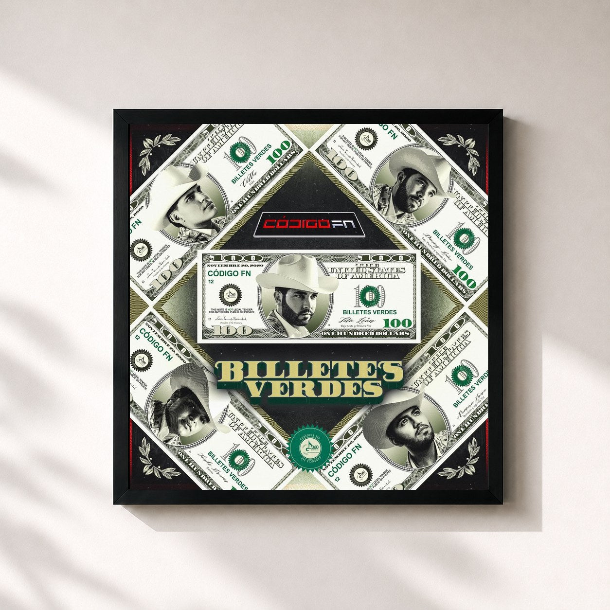 #noir Tableau carré de l'album Billetes Verdes de Código FN, cadre noir 32x32 cm