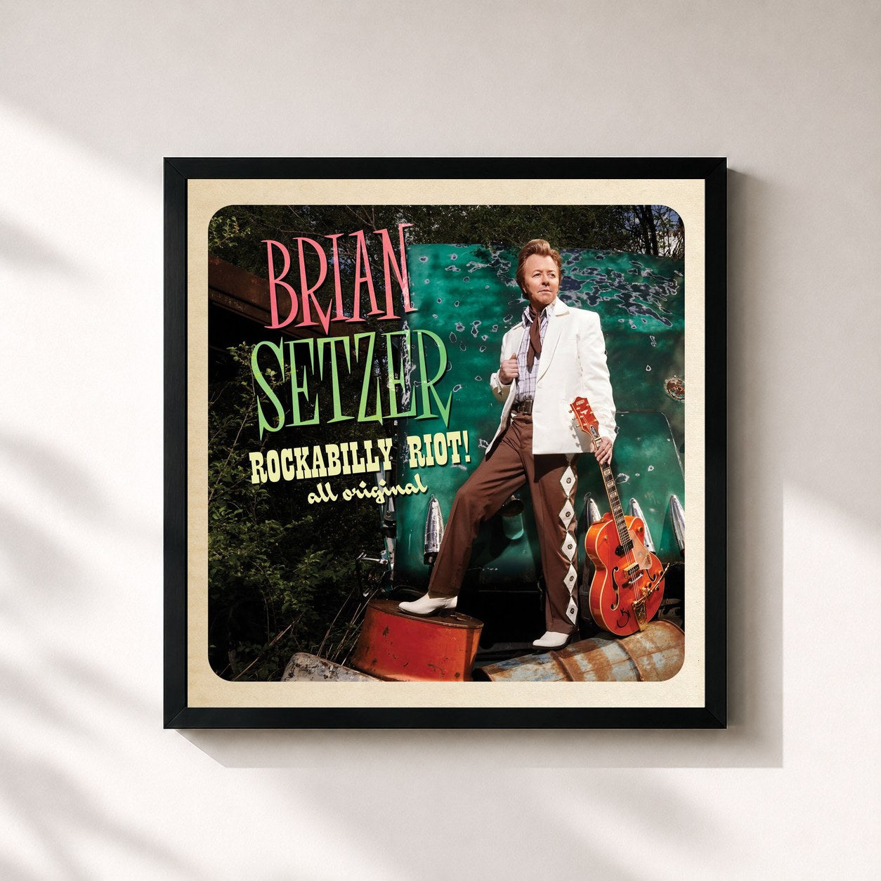 #noir Tableau carré de l'album Rockabilly Riot! All Original de Brian Setzer, cadre noir 32x32 cm