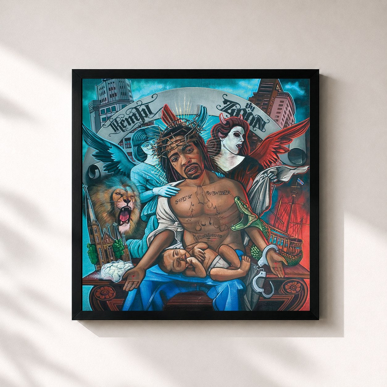 #noir Tableau carré de l'album Du Zoon de Kempi, cadre noir 32x32 cm