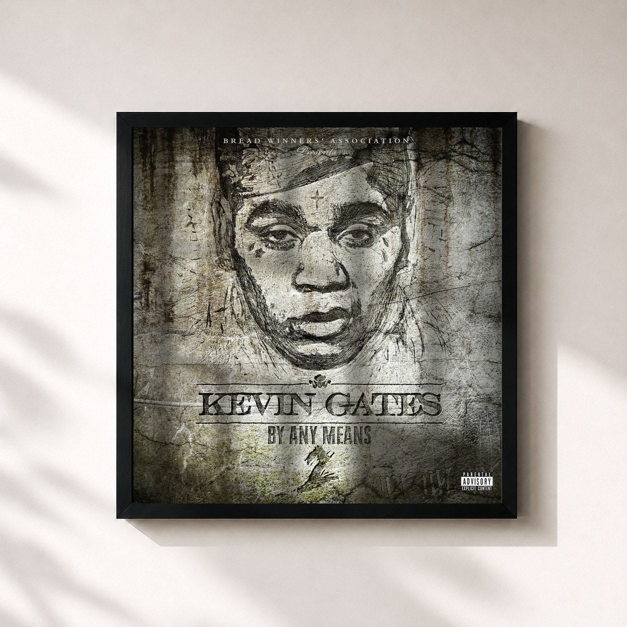#noir Tableau carré de l'album By Any Means 2 de Kevin Gates, cadre noir 32x32 cm