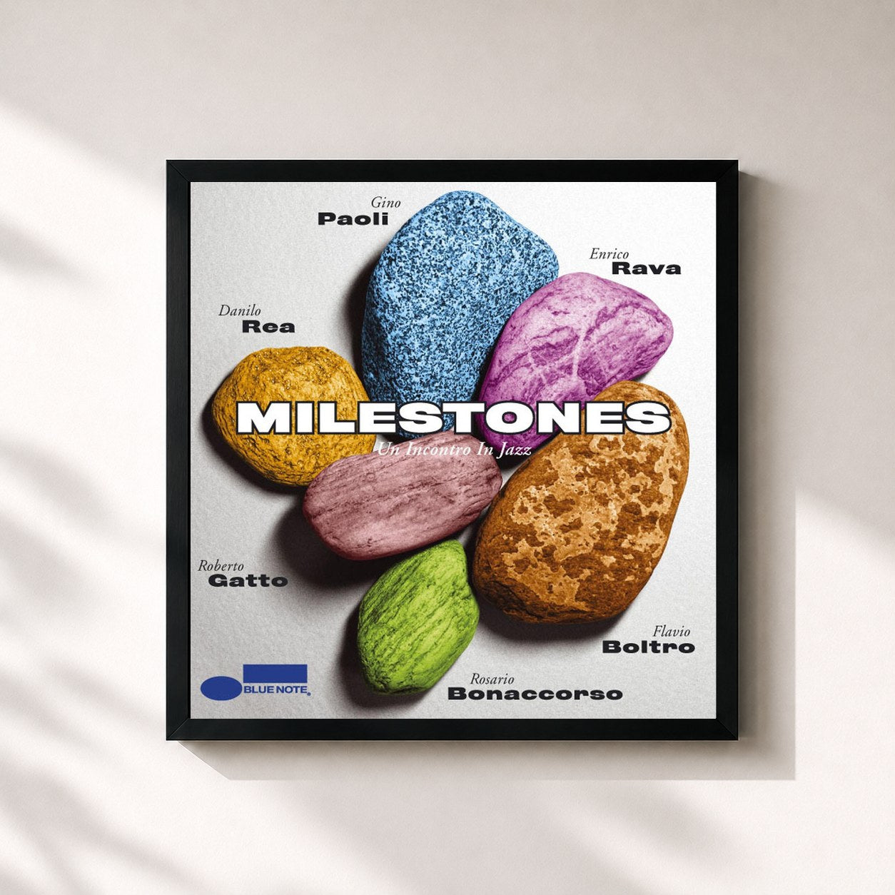#noir Tableau carré de l'album Milestones - Un Incontro In Jazz de Gino Paoli, cadre noir 32x32 cm