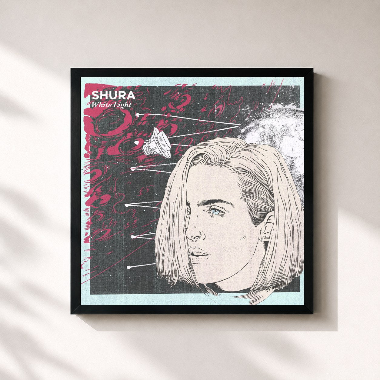 #noir Tableau carré de l'album White Light de Shura, cadre noir 32x32 cm