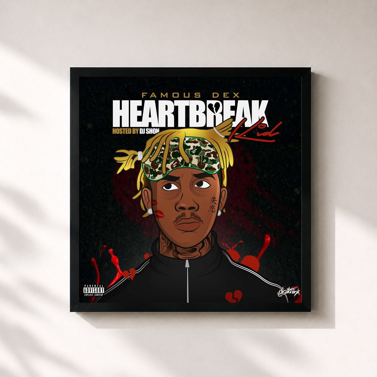 #noir Tableau carré de l'album Heartbreak Kid de Famous Dex, cadre noir 32x32 cm