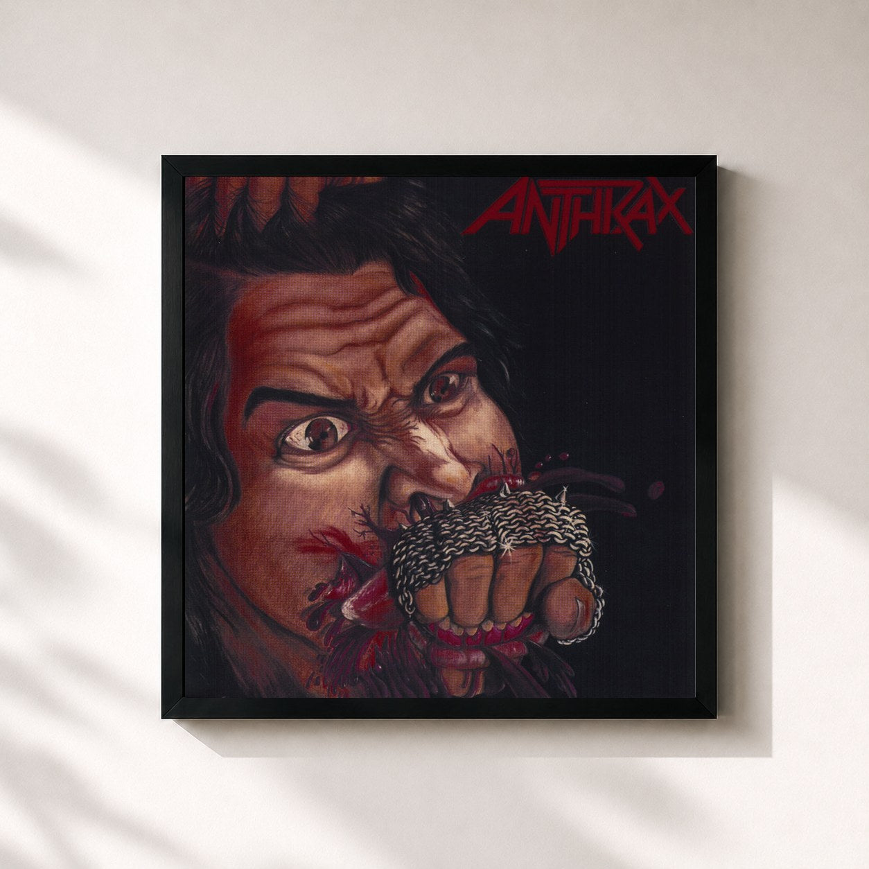 #noir Tableau carré de l'album Fistful of Metal de Anthrax, cadre noir 32x32 cm