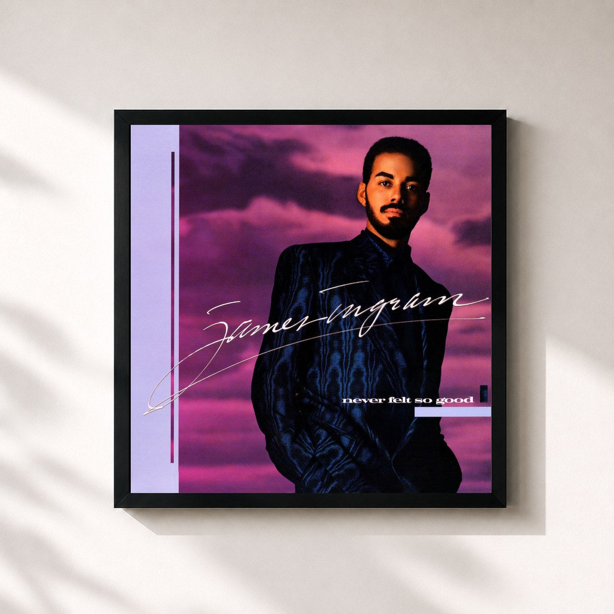 #noir Tableau carré de l'album Never Felt So Good de James Ingram, cadre noir 32x32 cm