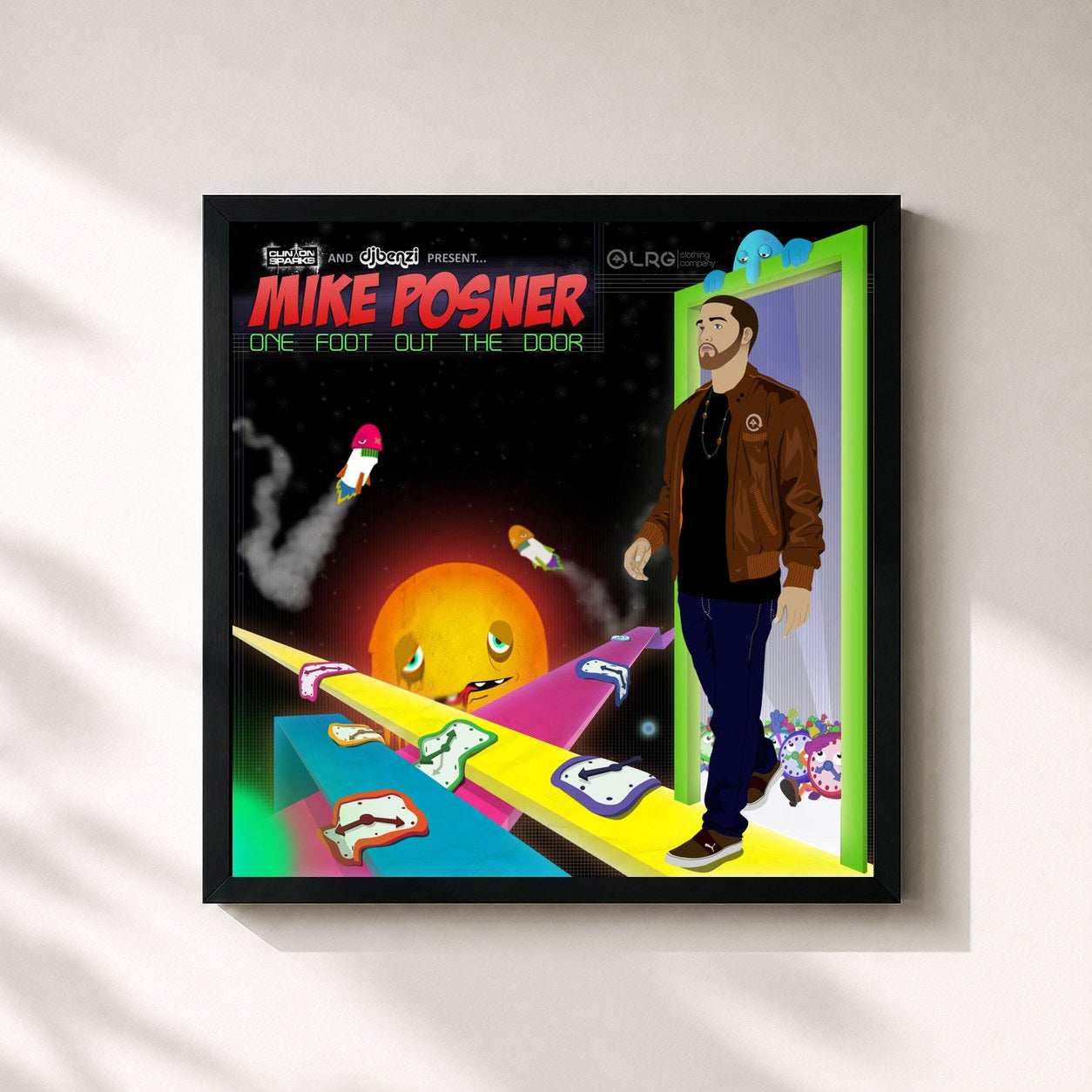 #noir Tableau carré de l'album One Foot Out The Door de Mike Posner, cadre noir 32x32 cm