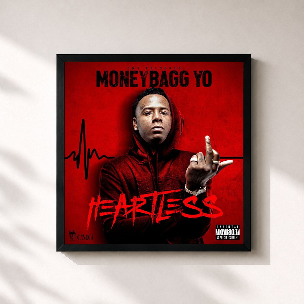 #noir Tableau carré de l'album Heartless de Moneybagg Yo, cadre noir 32x32 cm