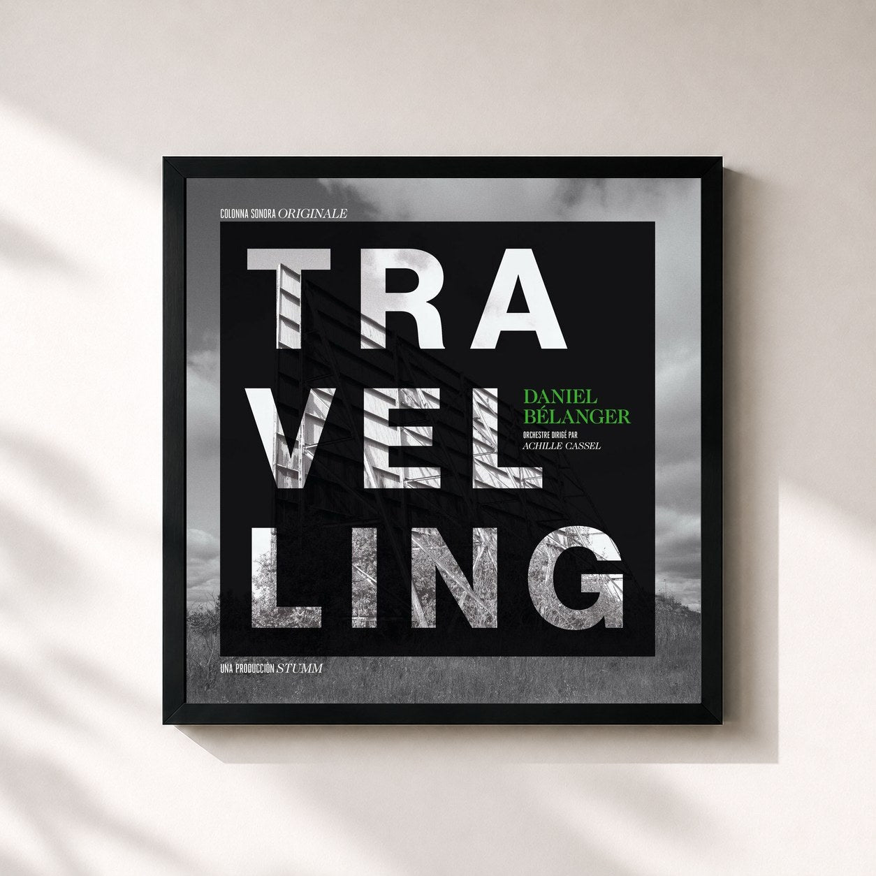 #noir Tableau carré de l'album Travelling de Daniel Bélanger, cadre noir 32x32 cm
