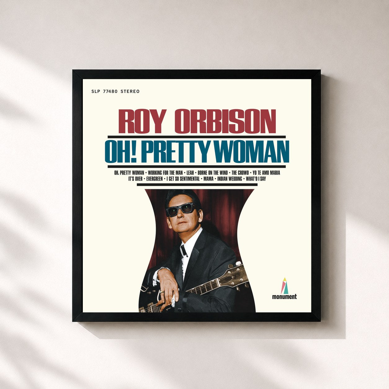 #noir Tableau carré de l'album Oh, Pretty Woman de Roy Orbison, cadre noir 32x32 cm