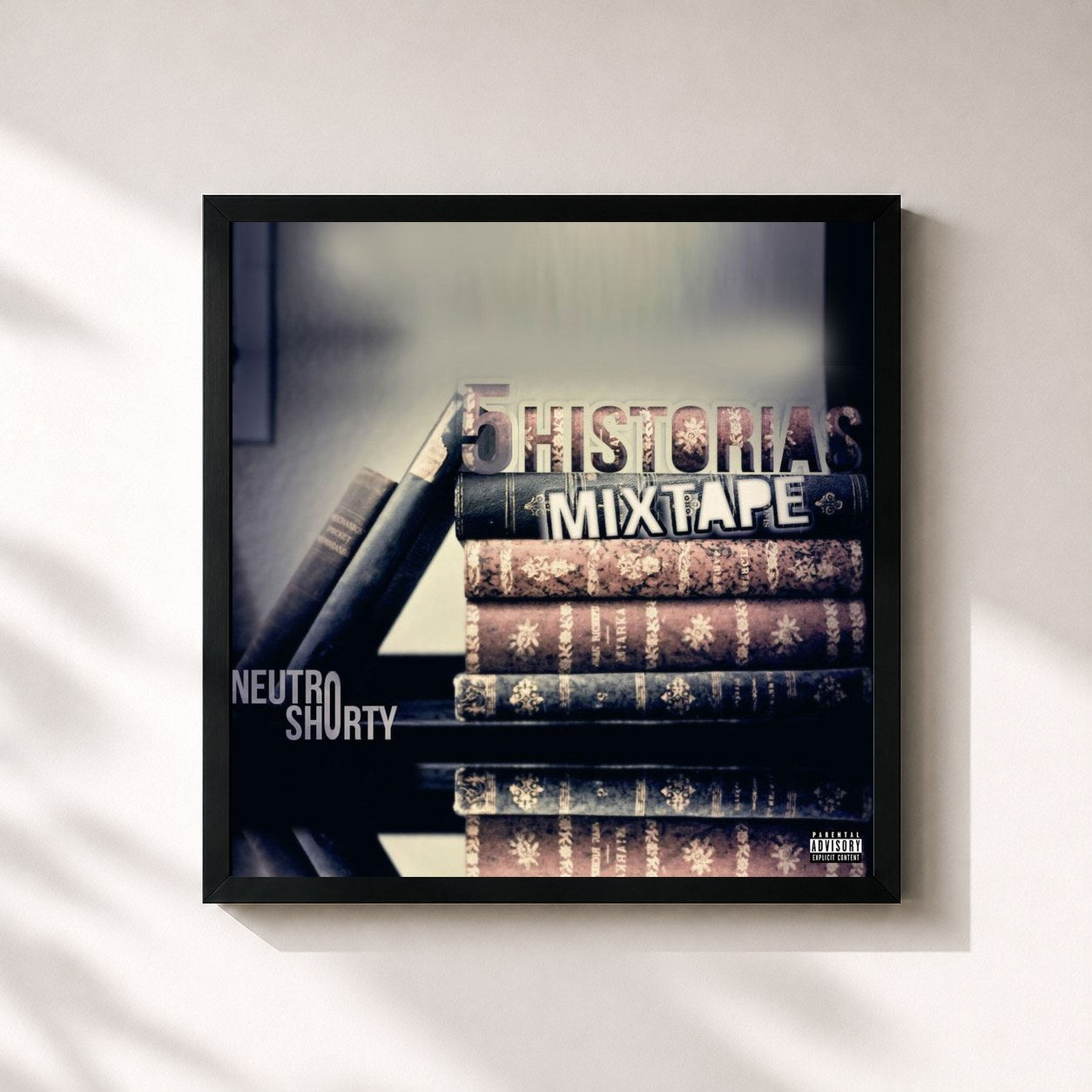 #noir Tableau carré de l'album 5 Historias (The Mixtape) de Neutro Shorty, cadre noir 32x32 cm