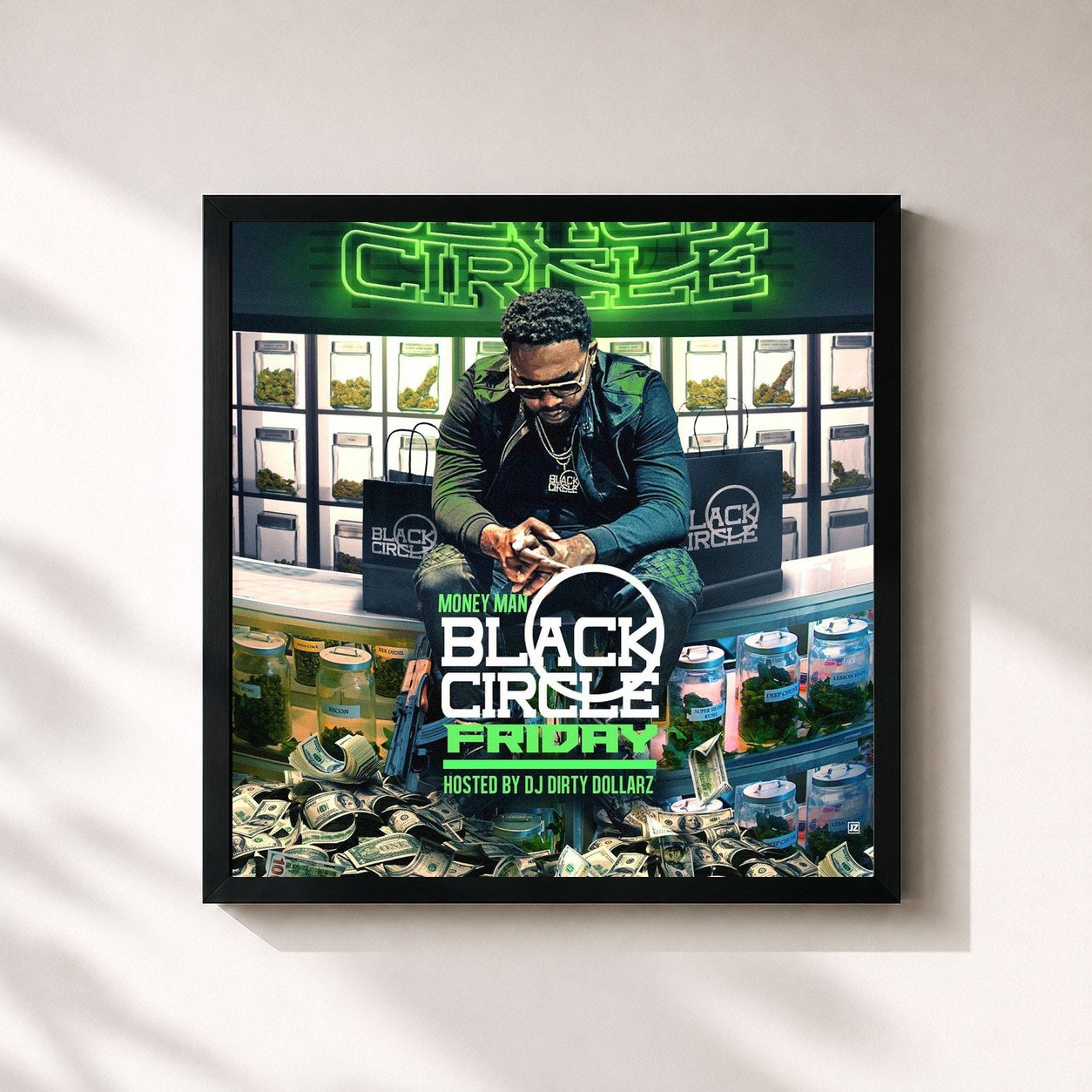 #noir Tableau carré de l'album Black Circle Friday de Money Man, cadre noir 32x32 cm