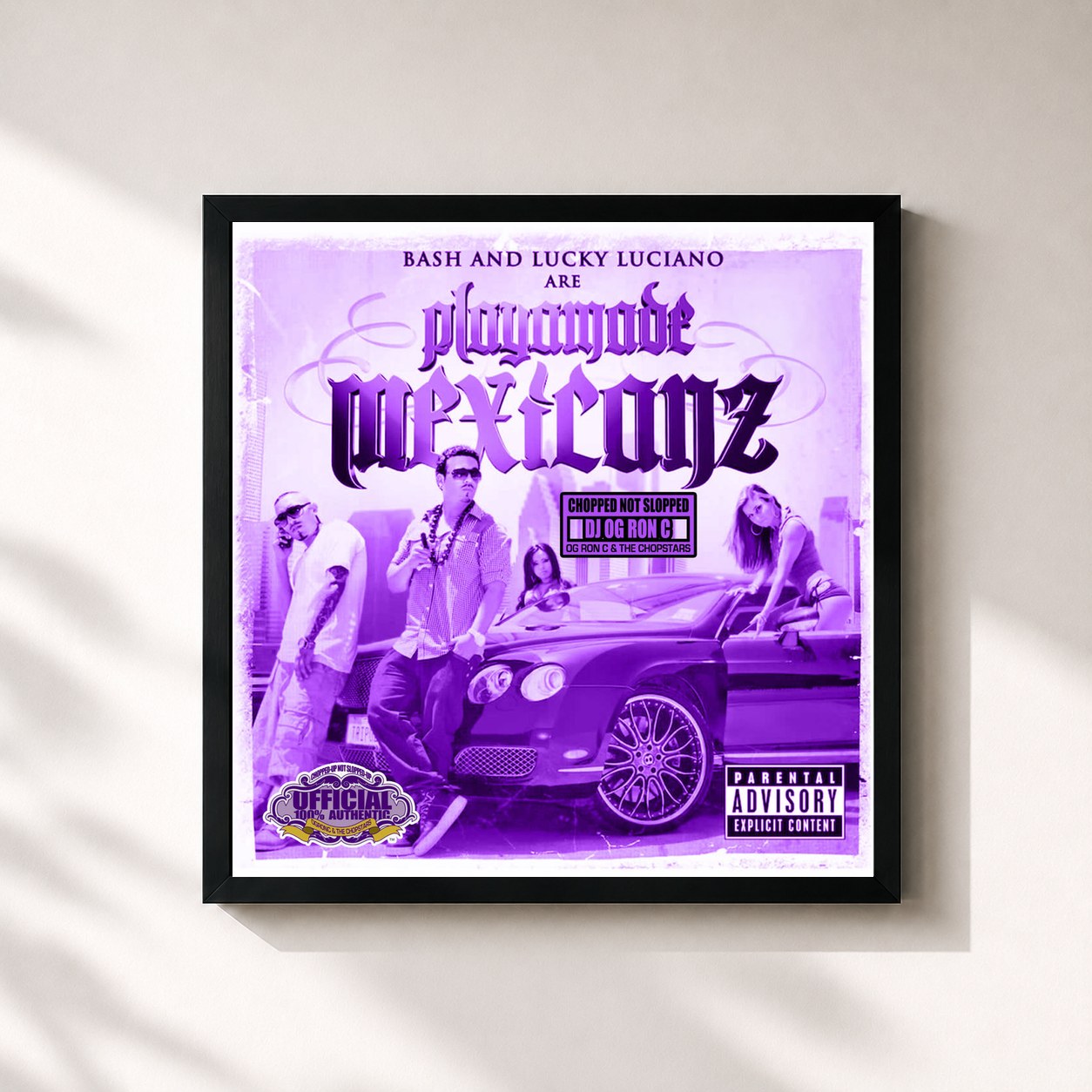 #noir Tableau carré de l'album Playamade Mexicanz (Chopped Not Slopped) de Baby Bash, cadre noir 32x32 cm