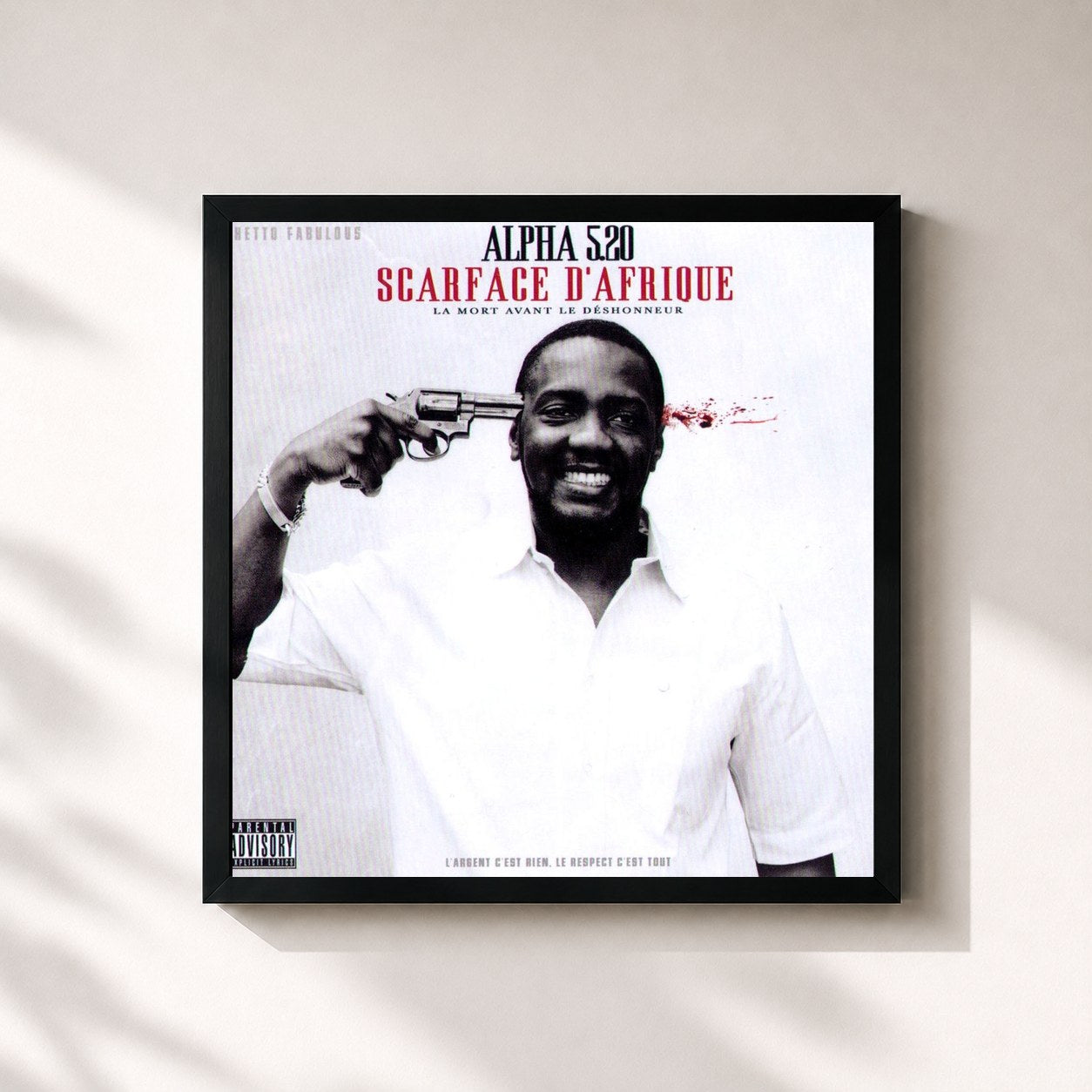 #noir Tableau carré de l'album Scarface d'Afrique de Alpha 5.20, cadre noir 32x32 cm