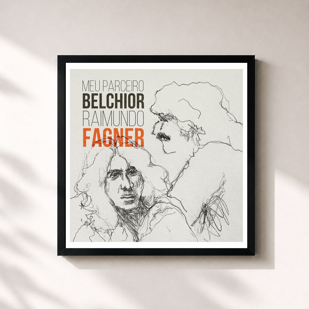 #noir Tableau carré de l'album Meu Parceiro Belchior de Fagner, cadre noir 32x32 cm