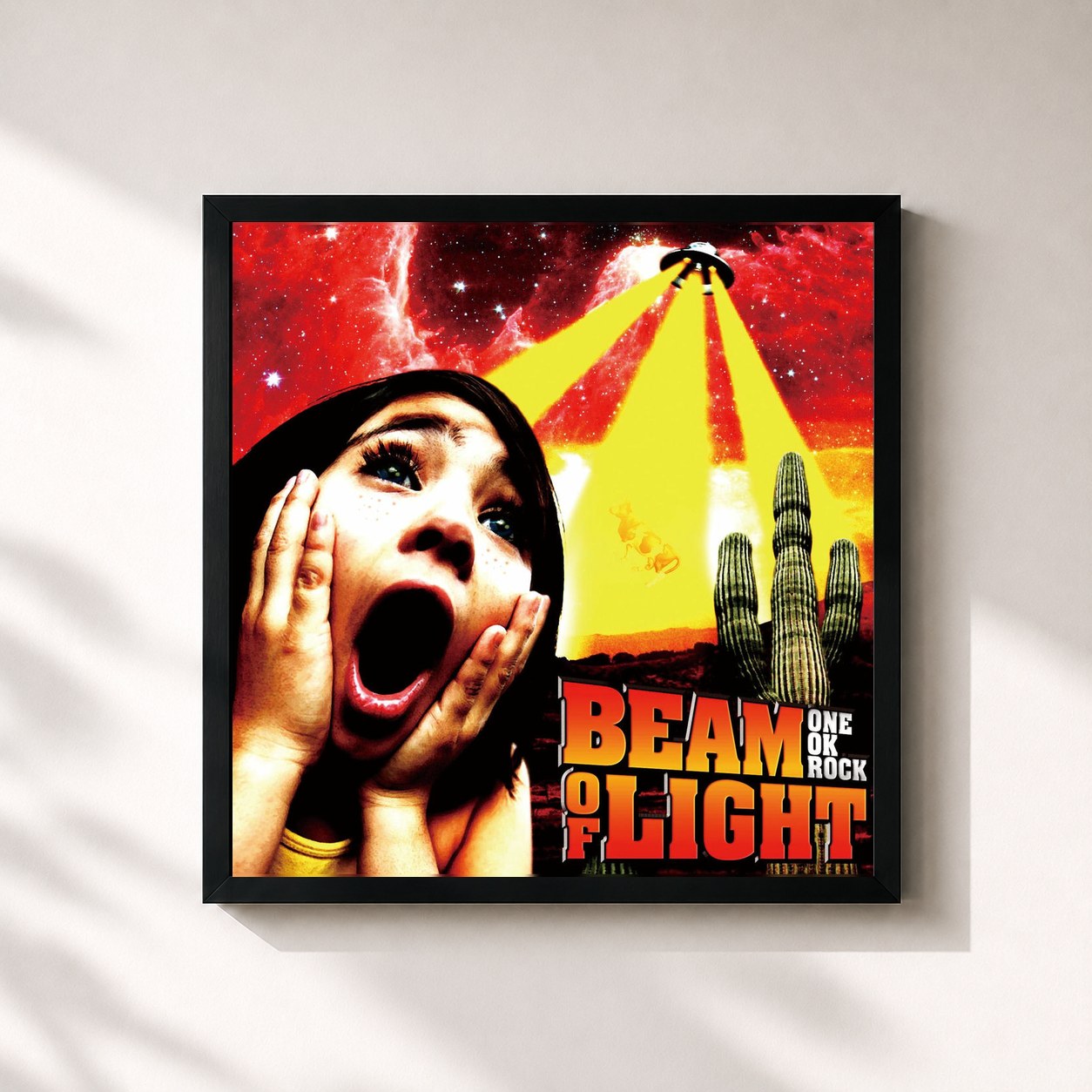 #noir Tableau carré de l'album BEAM OF LIGHT de ONE OK ROCK, cadre noir 32x32 cm