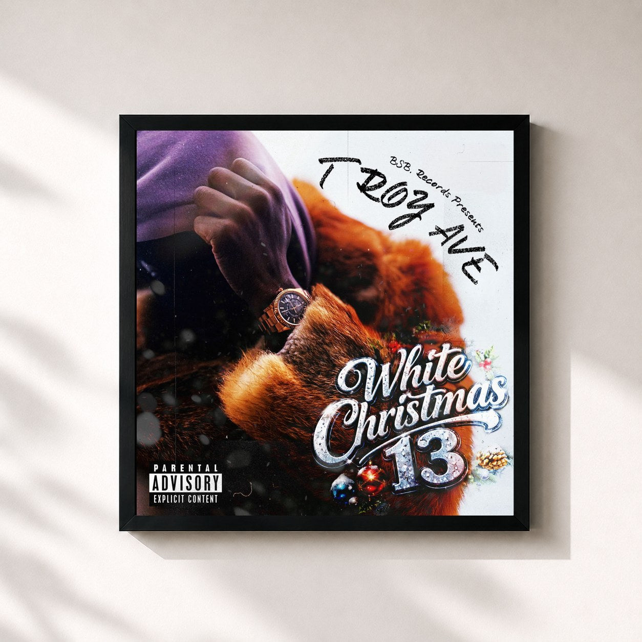 #noir Tableau carré de l'album White Christmas 13 de Troy Ave, cadre noir 32x32 cm