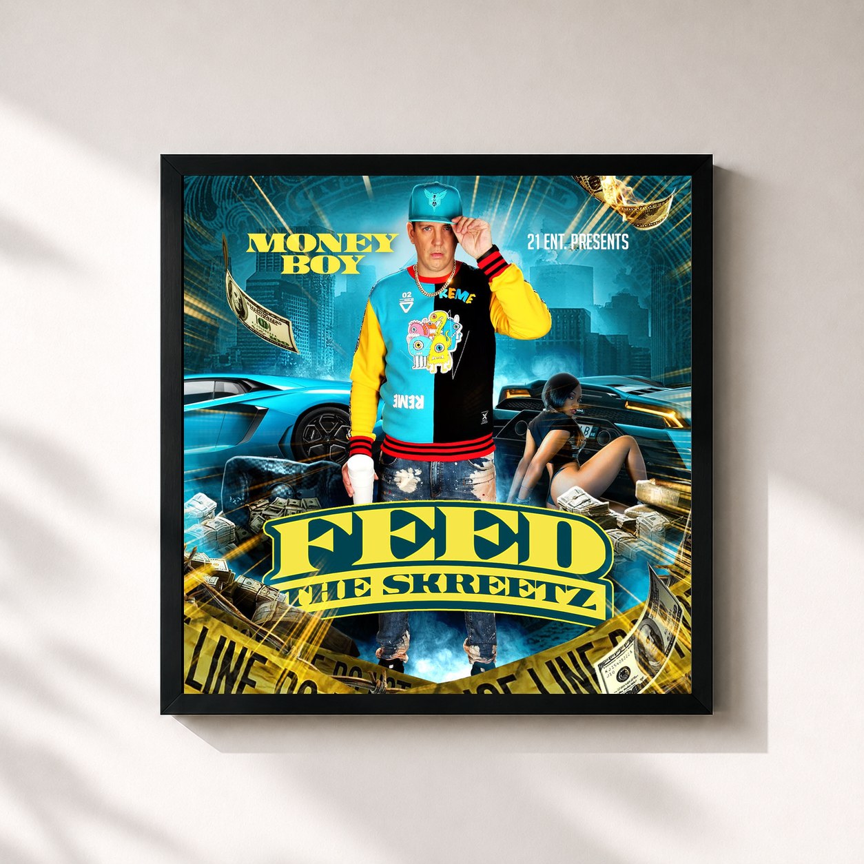 #noir Tableau carré de l'album Feed the Skreetz de Money Boy, cadre noir 32x32 cm