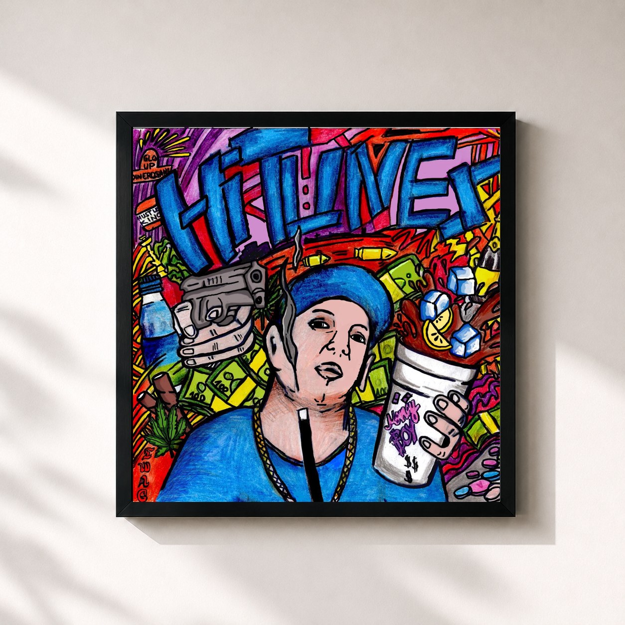 #noir Tableau carré de l'album HiTunes de Money Boy, cadre noir 32x32 cm