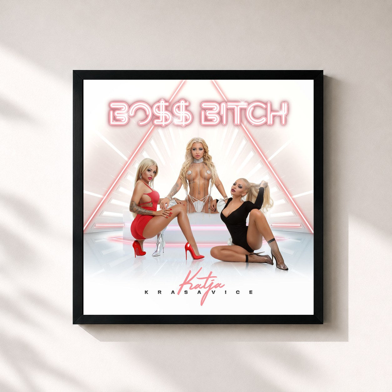 #noir Tableau carré de l'album BOSS BITCH de Katja Krasavice, cadre noir 32x32 cm