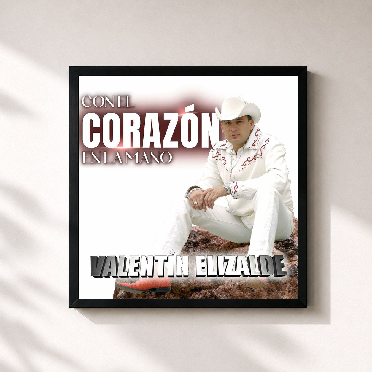 #noir Tableau carré de l'album Con El Corazón En La Mano de Valentin Elizalde, cadre noir 32x32 cm