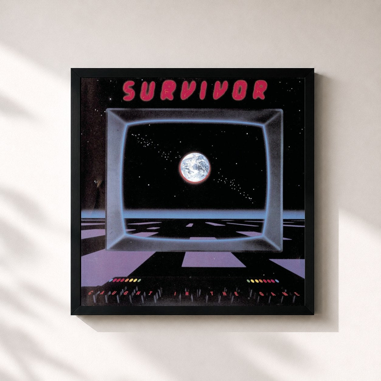 #noir Tableau carré de l'album Caught in the Game de Survivor, cadre noir 32x32 cm