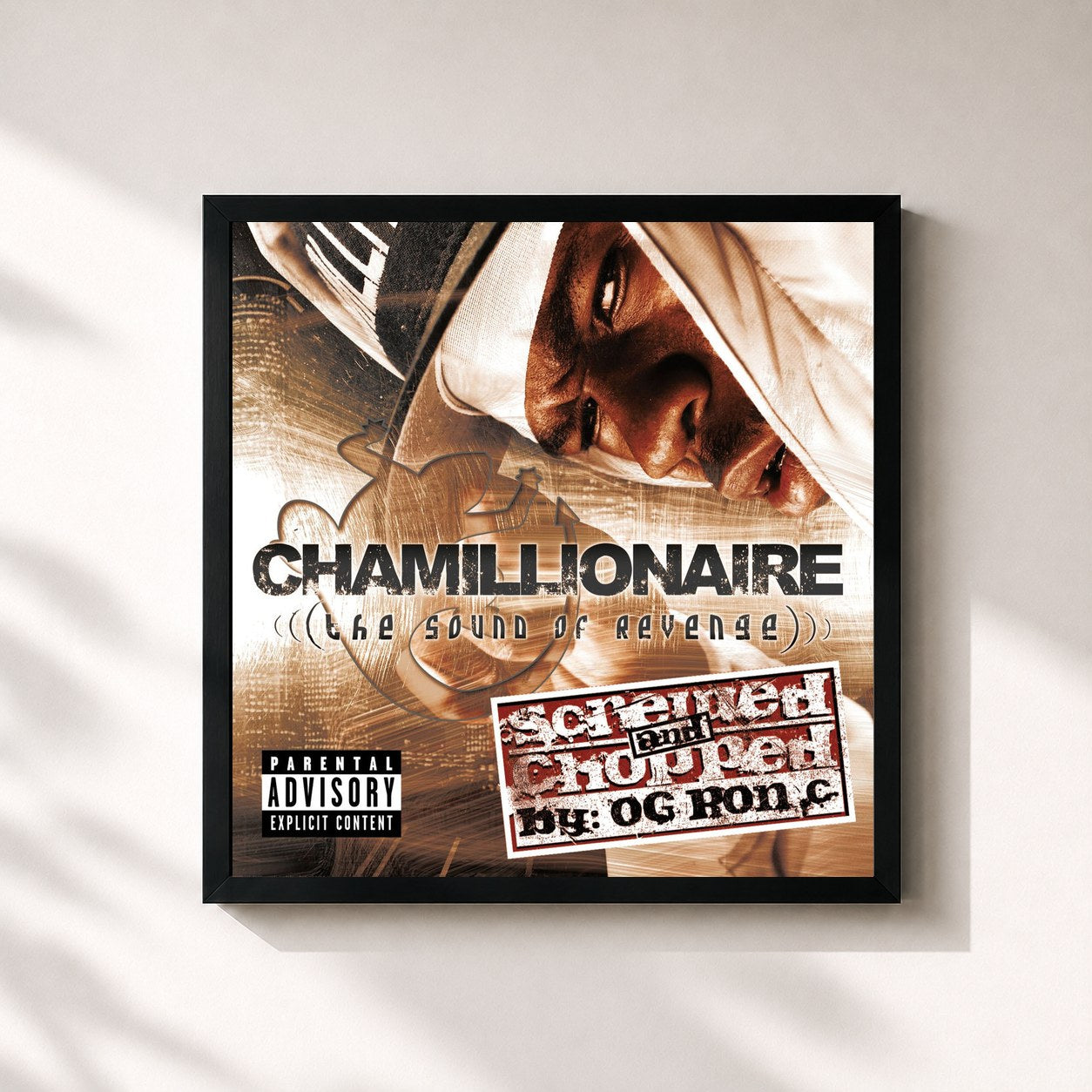 #noir Tableau carré de l'album The Sound Of Revenge CHOPPED AND SCREWED de Chamillionaire, cadre noir 32x32 cm