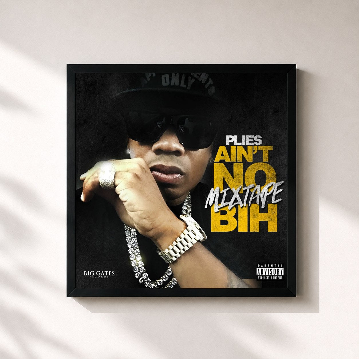 #noir Tableau carré de l'album Ain't No Mixtape Bih de Plies, cadre noir 32x32 cm