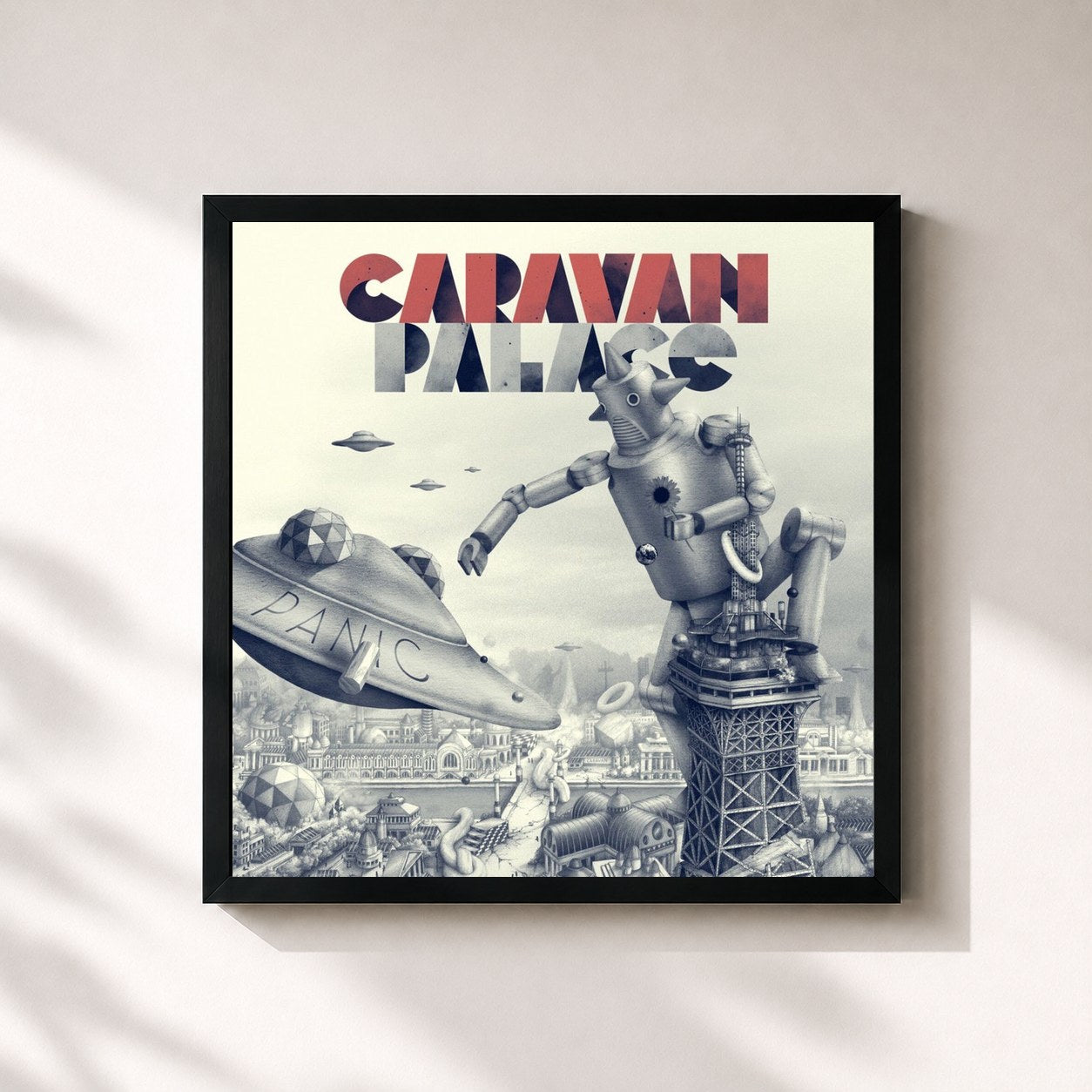 #noir Tableau carré de l'album Panic de Caravan Palace, cadre noir 32x32 cm