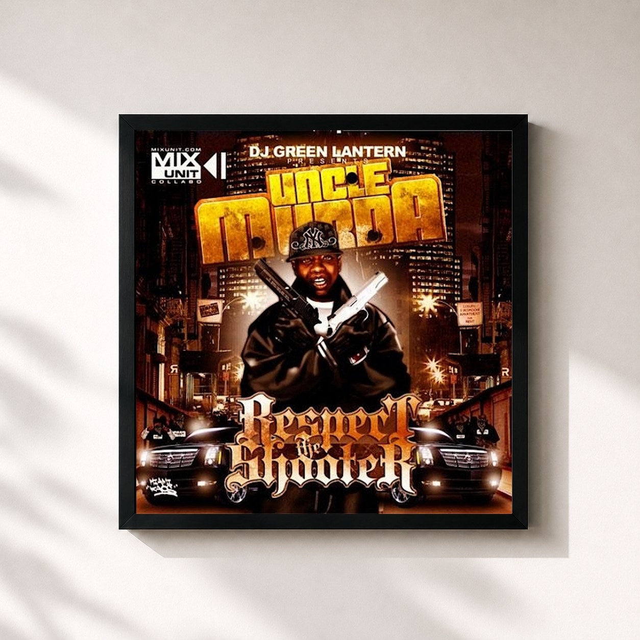 #noir Tableau carré de l'album Respect the Shooter de Uncle Murda, cadre noir 32x32 cm