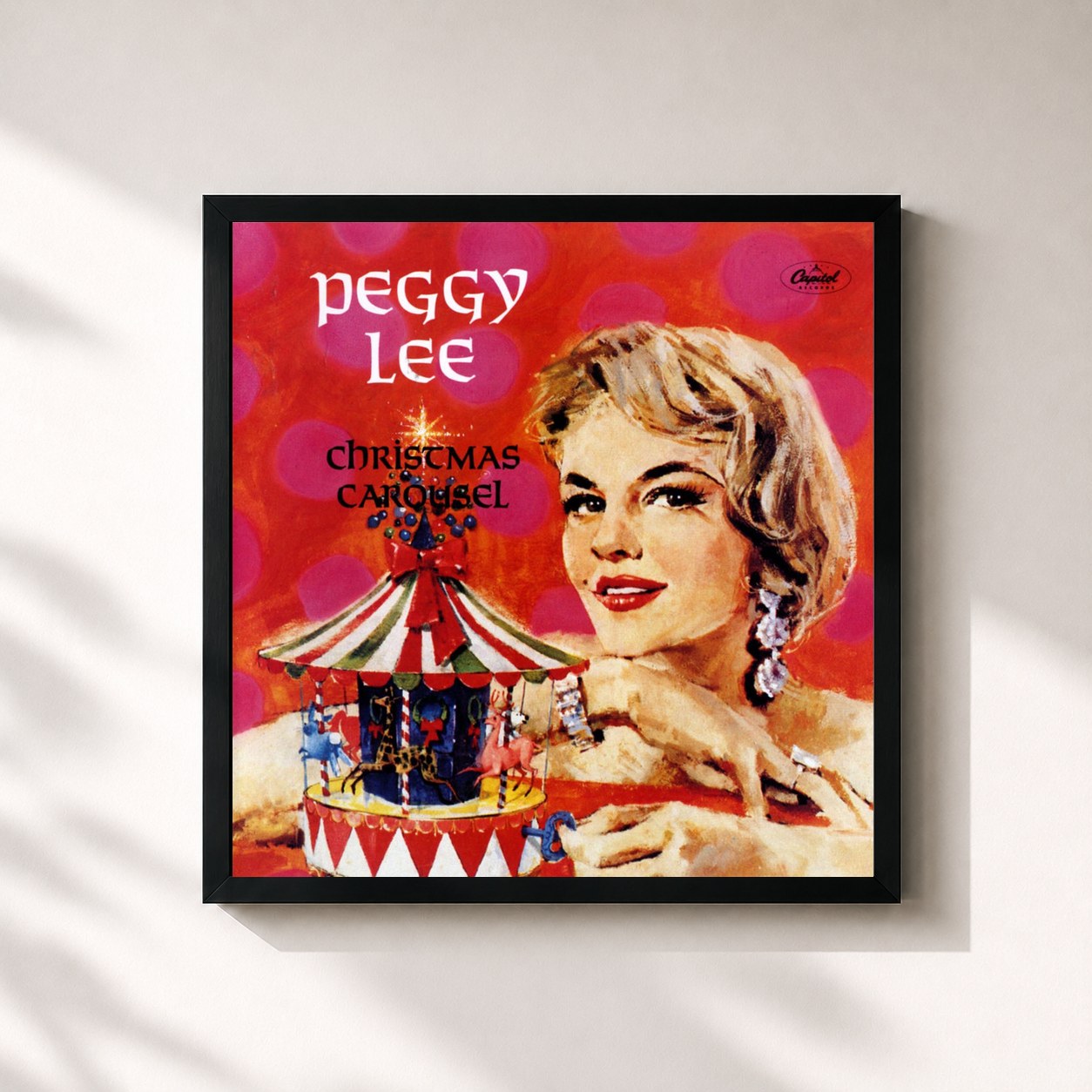 #noir Tableau carré de l'album Christmas Carousel de Peggy Lee, cadre noir 32x32 cm