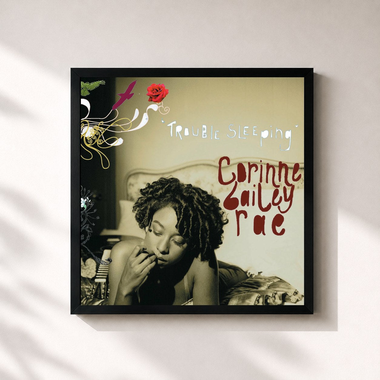 #noir Tableau carré de l'album Trouble Sleeping de Corinne Bailey Rae, cadre noir 32x32 cm