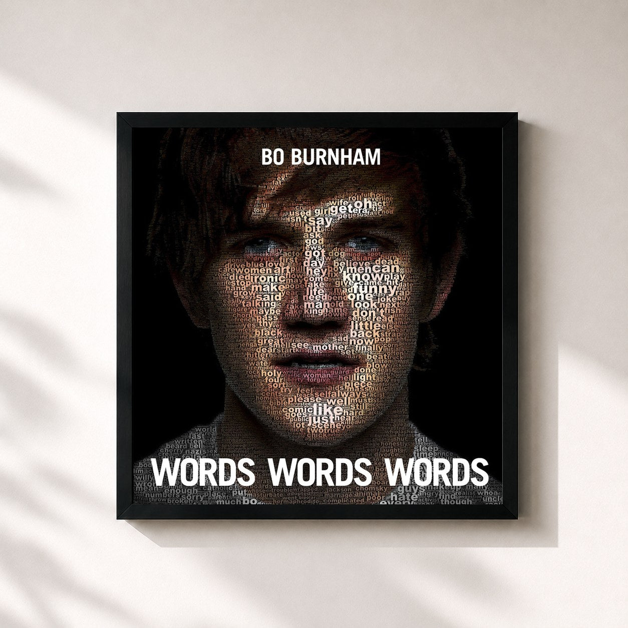 #noir Tableau carré de l'album Words Words Words de Bo Burnham, cadre noir 32x32 cm