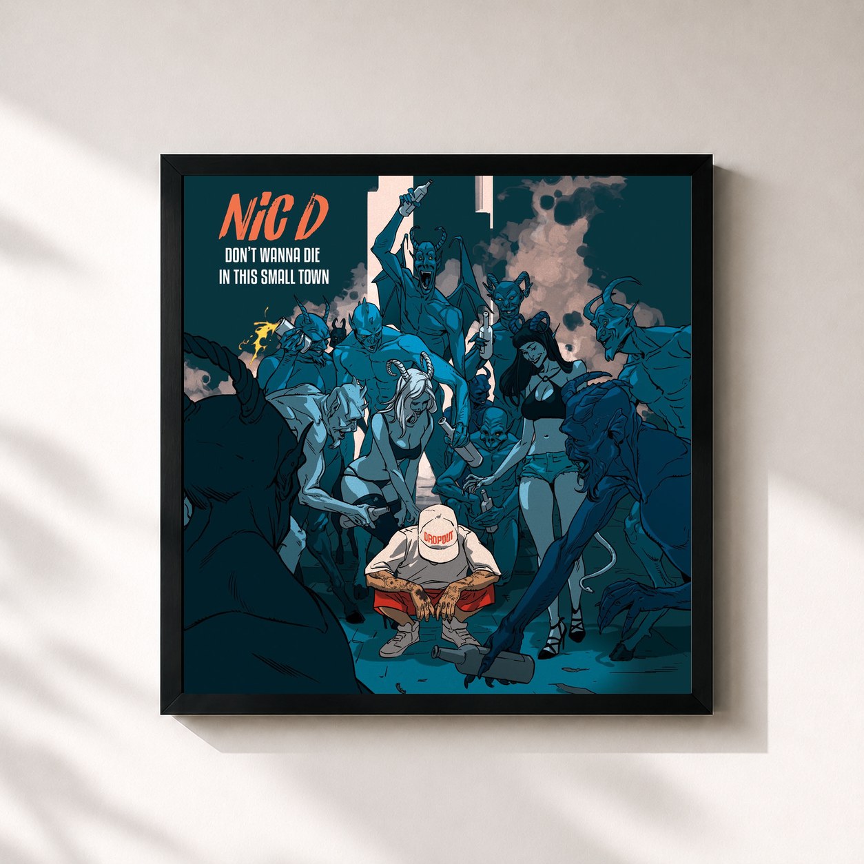 #noir Tableau carré de l'album Don't Wanna Die in This Small Town de Nic D, cadre noir 32x32 cm