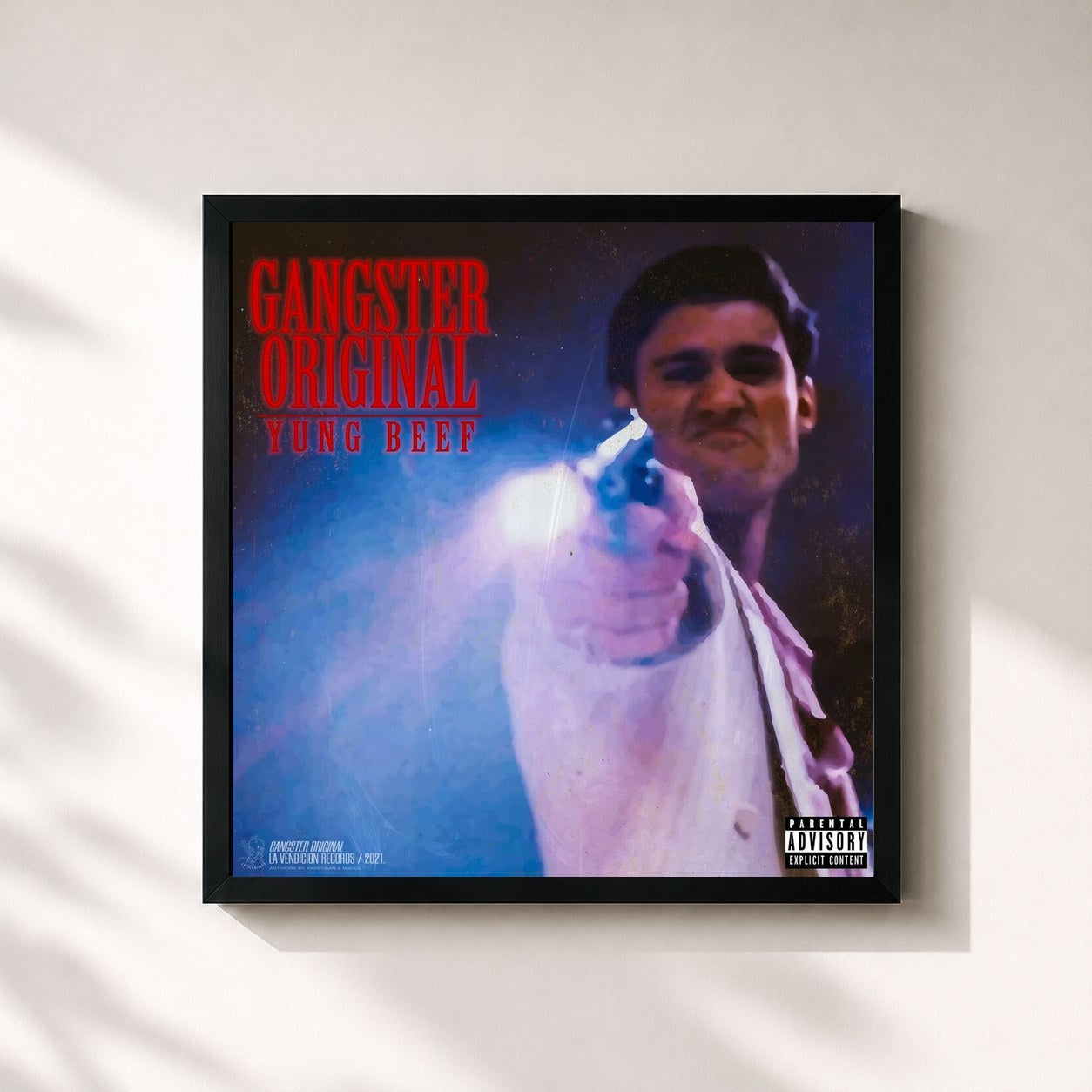 #noir Tableau carré de l'album Gangster Original de Yung Beef, cadre noir 32x32 cm