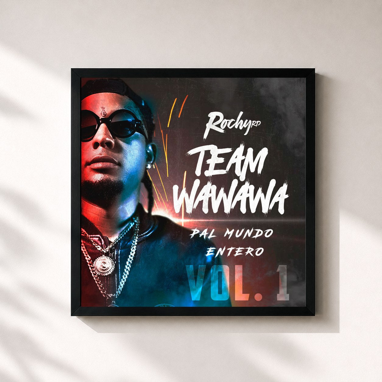 #noir Tableau carré de l'album Team Wa Wa Wa Pal Mundo Entero, Vol. 1 de Rochy RD, cadre noir 32x32 cm