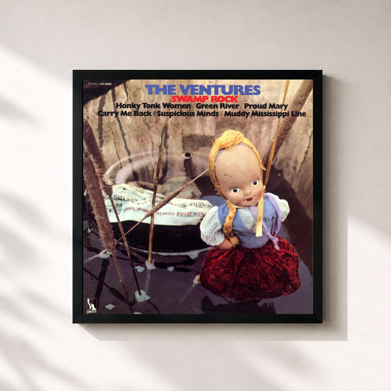 #noir Tableau carré de l'album Swamp Rock de The Ventures, cadre noir 32x32 cm