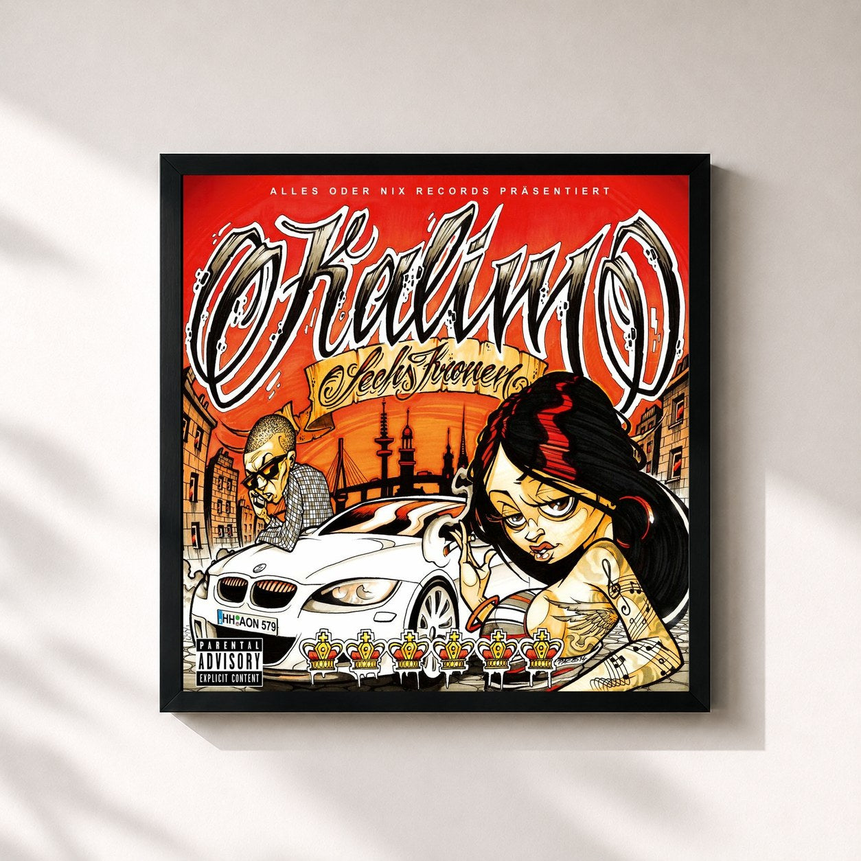#noir Tableau carré de l'album Sechs Kronen de Kalim, cadre noir 32x32 cm