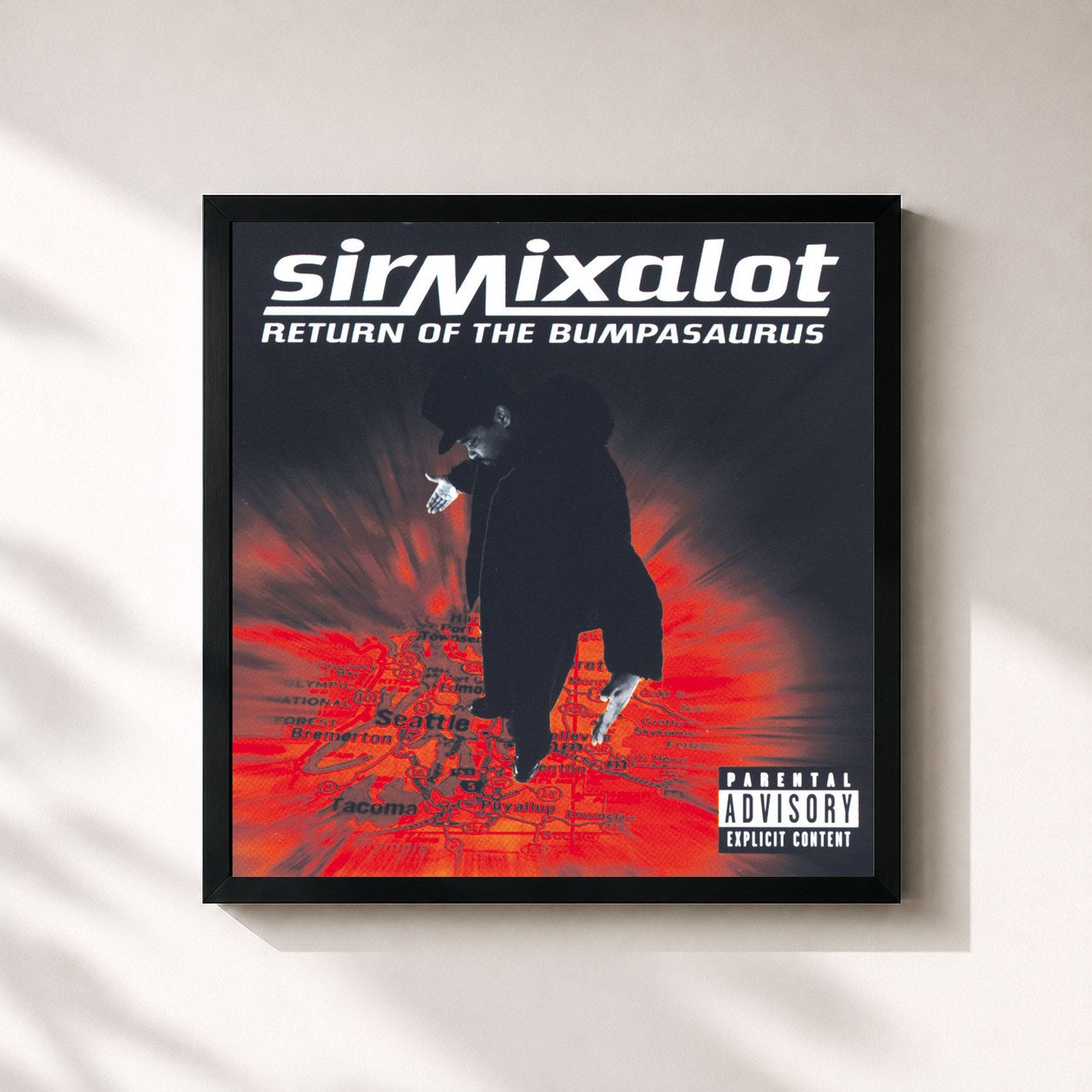 #noir Tableau carré de l'album Return Of The Bumpasaurus de Sir Mix-A-Lot, cadre noir 32x32 cm