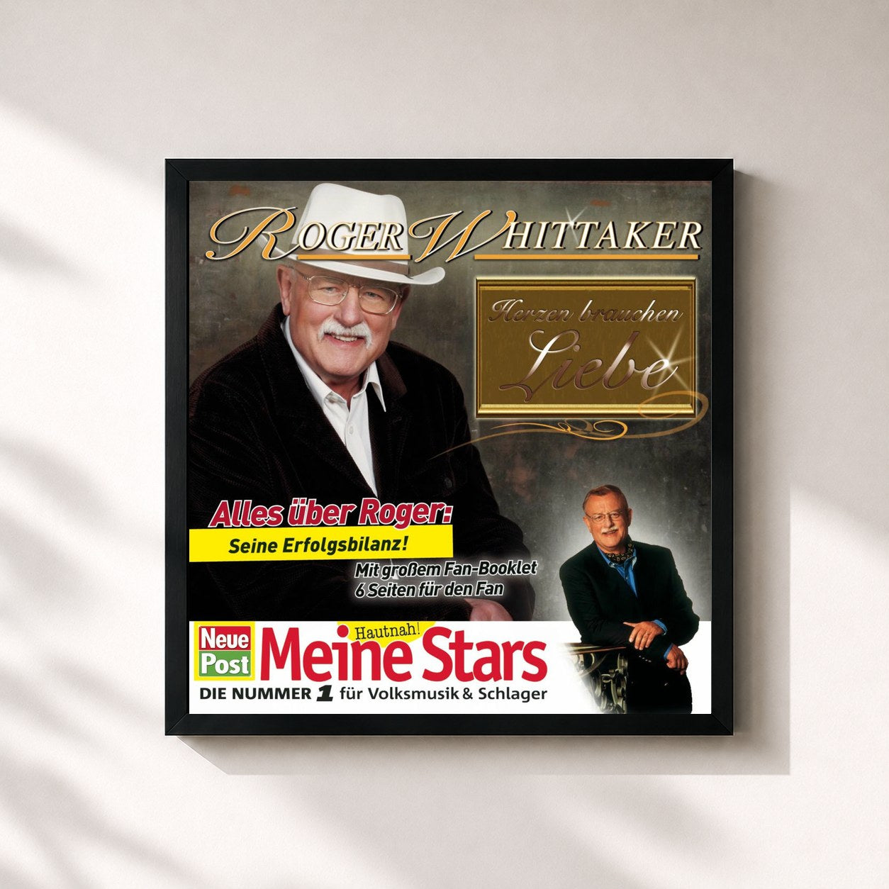 #noir Tableau carré de l'album Herzen brauchen Liebe de Roger Whittaker, cadre noir 32x32 cm