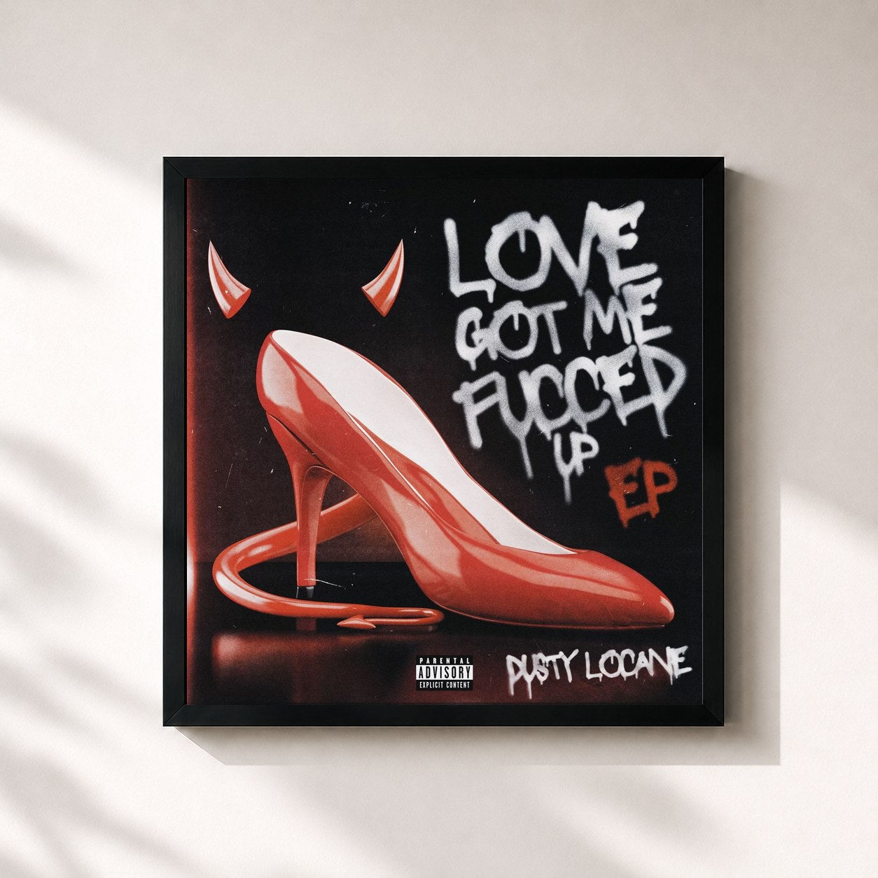 #noir Tableau carré de l'album LOVE GOT ME FUCCED UP de Dusty Locane, cadre noir 32x32 cm