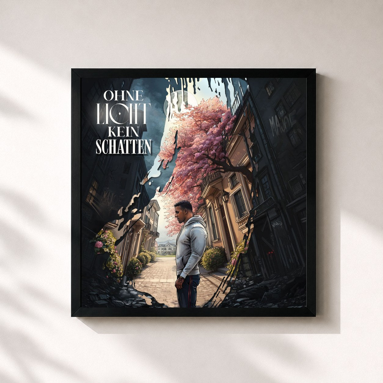 #noir Tableau carré de l'album OHNE LICHT KEIN SCHATTEN de Majoe, cadre noir 32x32 cm