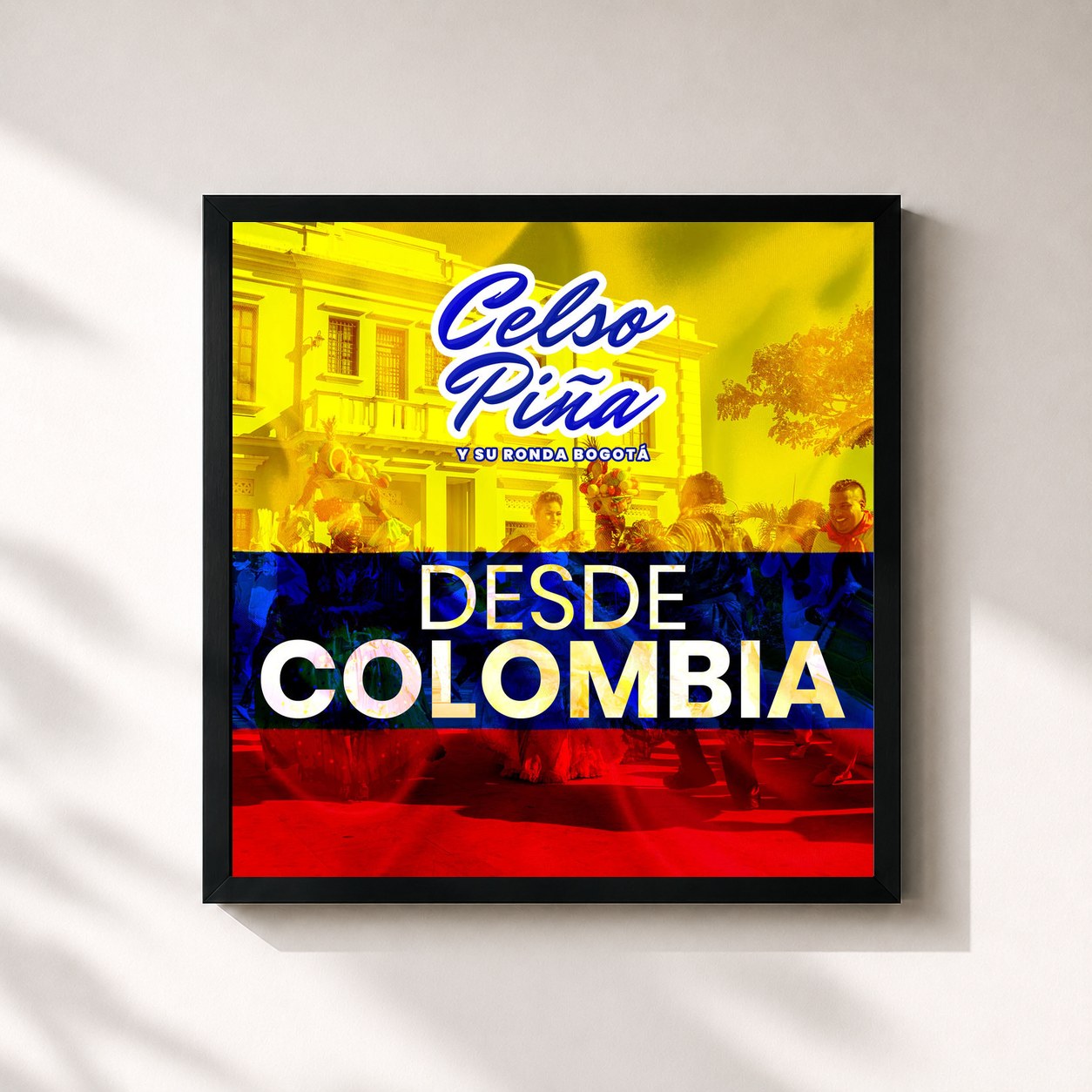 #noir Tableau carré de l'album Desde Colombia de Celso Piña, cadre noir 32x32 cm