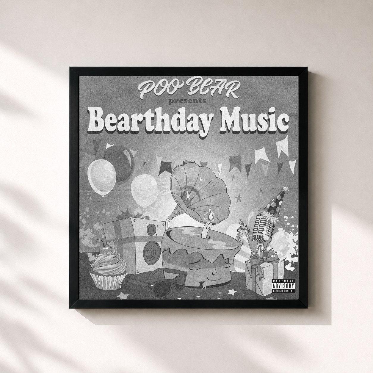 #noir Tableau carré de l'album Poo Bear Presents: Bearthday Music de Poo Bear, cadre noir 32x32 cm