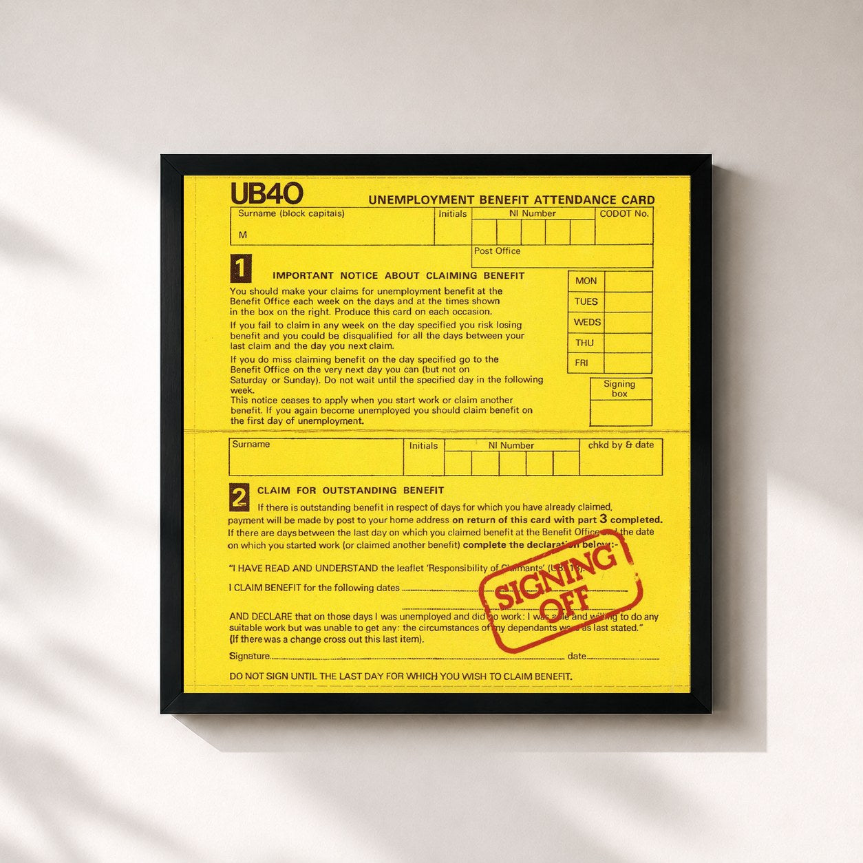 #noir Tableau carré de l'album Signing Off de UB40, cadre noir 32x32 cm