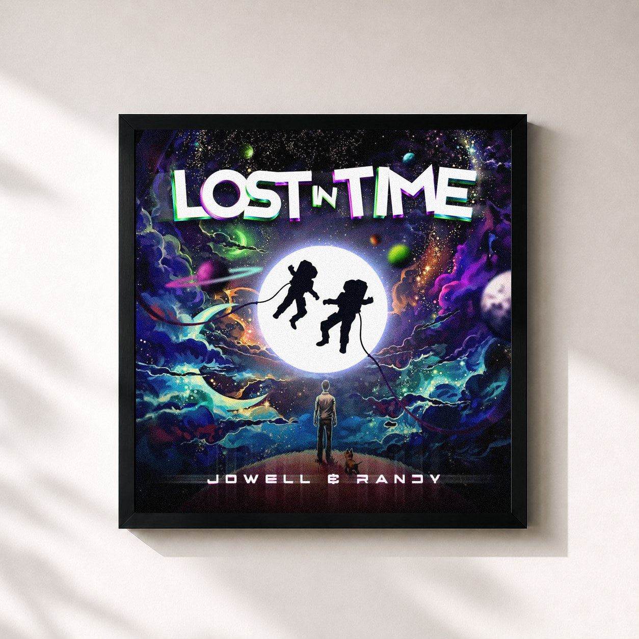 #noir Tableau carré de l'album Lost In Time de Jowell & Randy, cadre noir 32x32 cm