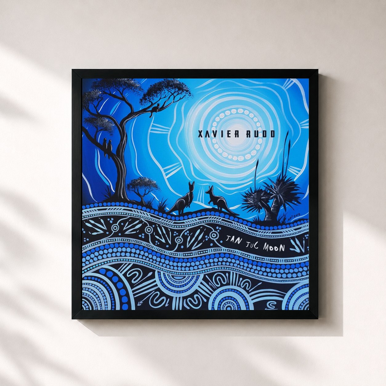 #noir Tableau carré de l'album Jan Juc Moon de Xavier Rudd, cadre noir 32x32 cm