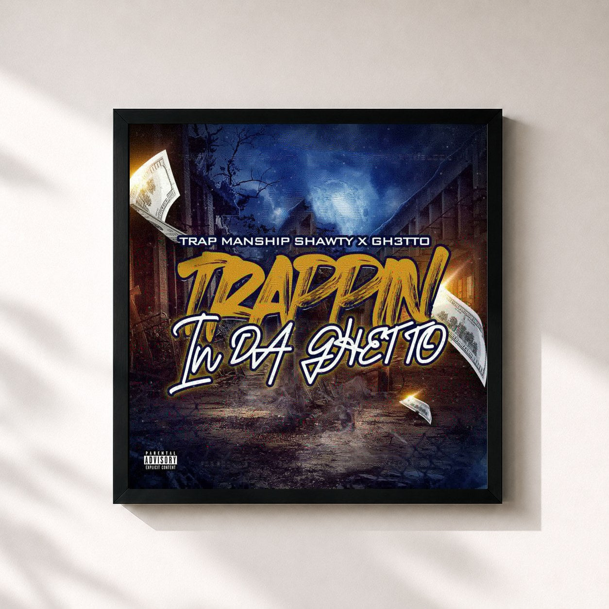 #noir Tableau carré de l'album Trappin In Da Ghetto de Ghetto, cadre noir 32x32 cm